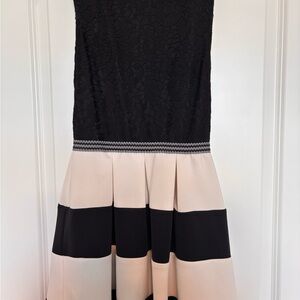 Speechless Black Lace Bodice Dress with Cream & Black Striped Skirt